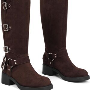 Chic Brown Heeled Boots with Buckle Detail
